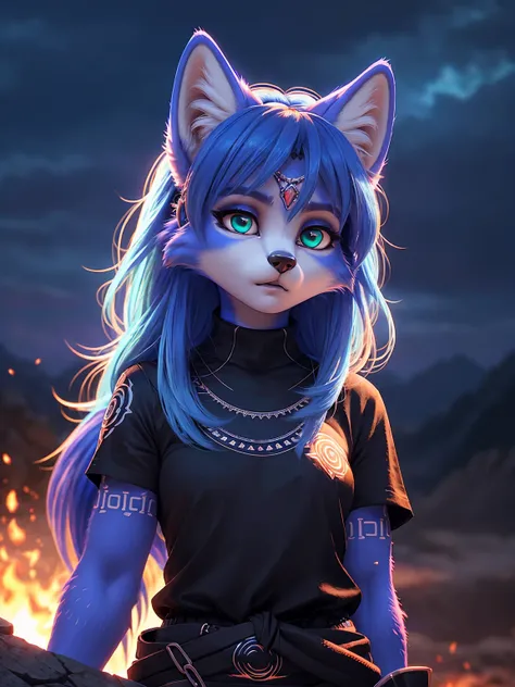 ((krystal)), Star Fox-Krystal, lovable,     green eyes, (((    long blue hair 1  .3))), Decollete, anthro, blurred,  detailed Fluffys fell,    detailed face  , (Fluffy),     1 girl, ,woman, Goth,     green eyes, Undercut,   ultra-realistic 8k CG    ,     m...