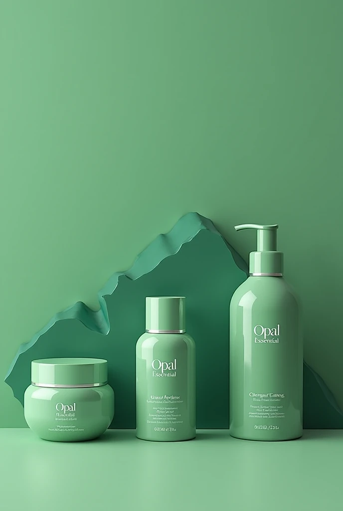 Many facial cleansing products with the brand called OPAL ESSENTIAL,  with the colors of opal stone and with the color green #052F25 