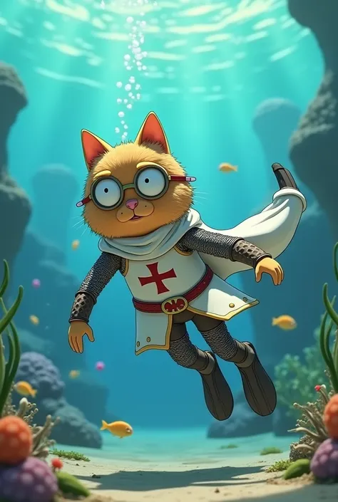 Morty Smith in a Templar costume underwater with a pet floppa and the floppa is wearing a wetsuit