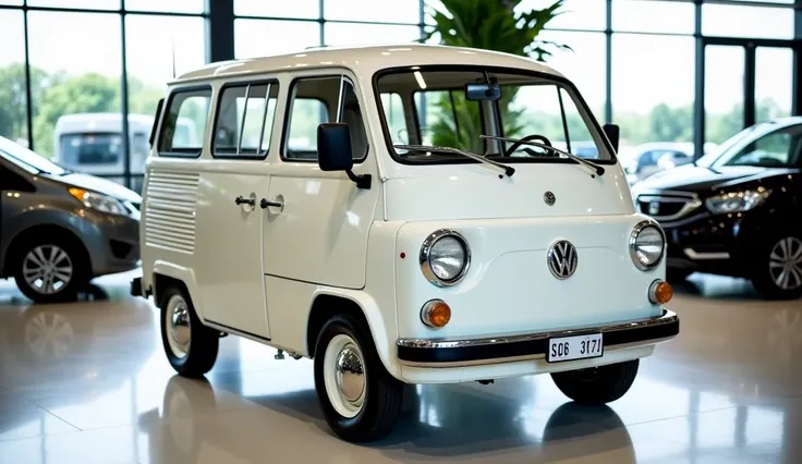 "A compact, vintage-style white mini van with round headlights and a boxy design, parked inside a modern car showroom. The vehicle has a simplistic yet functional look, with sliding side doors and black side mirrors. The environment is well-lit with polish...