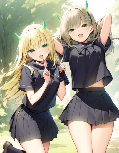  yellow and straight hair, one black and one green eyes , one black and one green horns, wearing a black school uniform