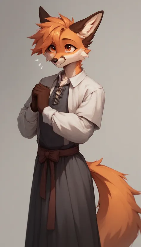     best quality  ,     very detailed illustration   ,( anthropomorphic fluffy fox boy :1,7), tousled disheveled fluffy hair  , excited view,  a femboy ,  slim,     perfect body  , Cute, looks at a nonentity , Medieval clothing, playful