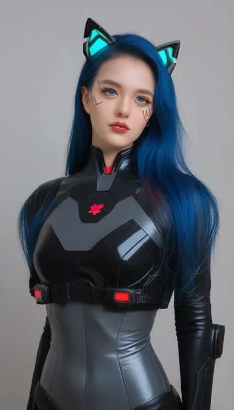 (Blue Hair /Blue Eye) (Fox ear/ Fox tail) and foxgirl Woman dressed in black with mask and Korean sword katana all black cyberpunk clothes, wearing tech outfit and armor, photo of a woman wearing tech suit, dark sci-fi outfit, cyberpunk costume, female ass...