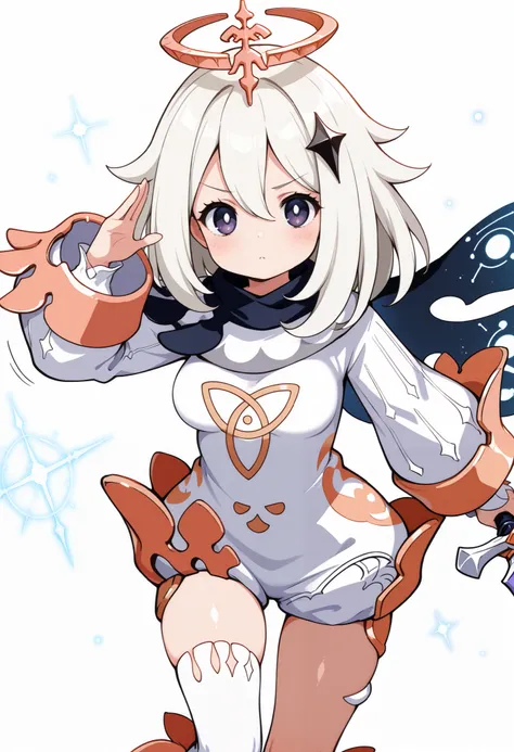 masterpiece, best quality, 32k, high resolution, absurdres, medium breasts
zzPaimon, solo, purple eyes, hair between eyes, hair ornament, halo, long hair, short hair, white hair, long sleeves, dress, scarf, white dress, blue eyes, cape, thighhighs, single ...