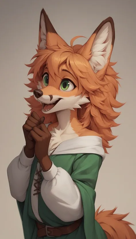     best quality  ,     very detailed illustration   ,( anthropomorphic fluffy fox boy :1,7), tousled disheveled fluffy hair  , excited view,  a femboy ,  slim,     perfect body  , Cute, looks at a nonentity , Medieval clothing, playful