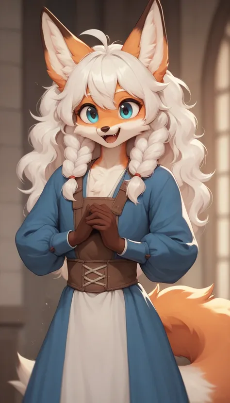     best quality  ,     very detailed illustration   ,( anthropomorphic fluffy fox boy :1,7), tousled disheveled fluffy hair  , excited view,  a femboy ,  slim,     perfect body  , Cute, looks at a nonentity , Medieval clothing, playful