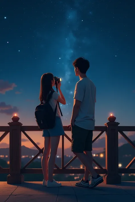 photo of a girl holding a dslr and a guy leaning on the railings while stargazing from a terrace. sideview angle.