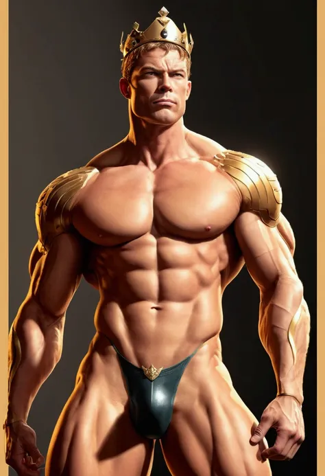 a close up of a man in thin underwear with a crown on his head, herói Muscular masculino, Muscular!!  Muscular character, inspired by Rob Liefeld. Muscular,  bodybuilder's body,  huge and shiny muscles , strong and imposing,  Muscular characters, huge dick...