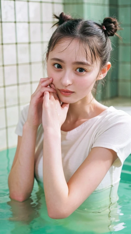  1 girl, solo,  high resolution, chest,  Masterpiece,  high quality,  high definition model,  black hair, Beautiful neck、Beautiful clavicle、大きなchest, chestの谷間が見える、In the bath、 wet body、 wet hair、 fiery face、泣きたい expressions, Light blush, Red face, Sad,  ex...