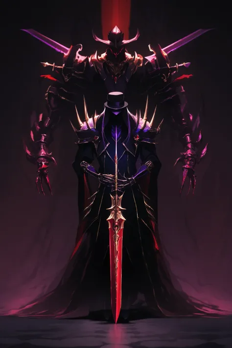 Warrior overlord, black bowler hat, black suit, shadow face ( no mouth), red eyes, golden arms with purple spikes on the shoulders, red sword in right hand ,blue sword in left hand ,standing straight