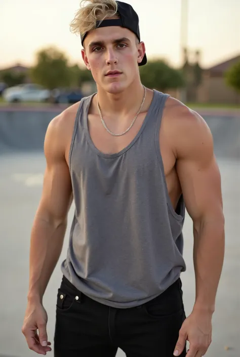 Jake Paul. The high-resolution photograph features Jake Paul standing in a skatepark during the day. He is fit, light-skinned with short, tousled blonde hair. He has a lean, muscular physique. He wearing a loose tank-top that hangs from his shoulders. He i...