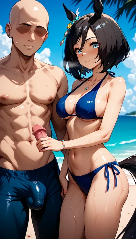 nsfwscore_9, score_8_up, score_7_up, source_cartoon BREAK 1girl, ann possible, looking at viewer, black hair, hetero, standing, blue eyes, breasts, cleavage, bikini, short hair, 1boy, ((faceless male)), size difference, netorare, covered penis,cheating (re...