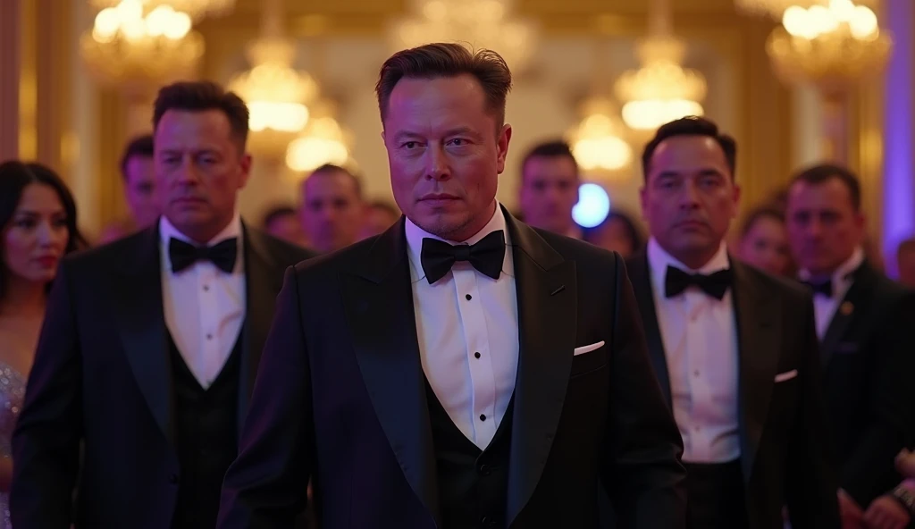 *"A powerful cinematic moment featuring Elon Musk in an expensive black suit, looking shocked and slightly frustrated as he is escorted out of a grand luxury event by two serious-looking security guards. The background showcases an extravagant gala with go...