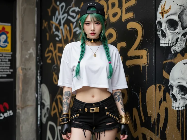 
A striking image of a young woman in a cyberpunk and street-style aesthetic, blending anime and semi-realism. She has long, green braided hair, with a few strands framing her delicate, yet fierce face. Her piercing brown eyes, subtle makeup, and soft pink...