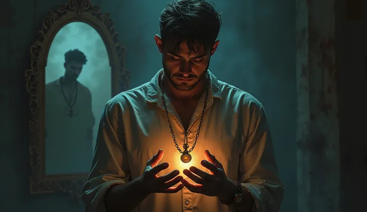  A hyperrealistic illustration of a man holding an amulet in his chest , believing to be protected ,  without realizing that shadows translucent and translucent emerge from the darkness around you ,  linking their shoulders and arms like invisible chains ....