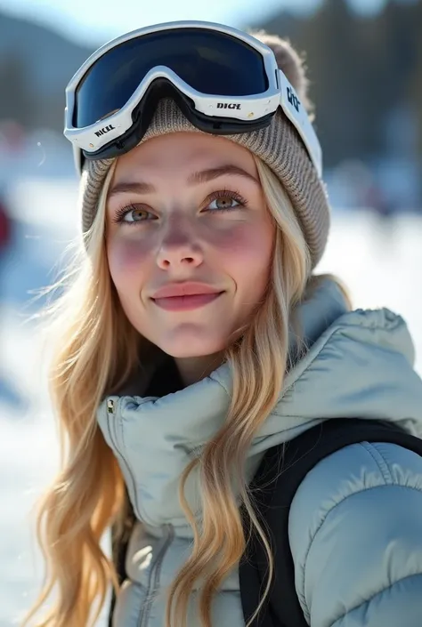 A young woman with silky, wavy blonde hair, delicate features and glowing skin, a natural and elegant look, with hazel eyes. Seen from the ground up, full body. In ski outfit with hat and glasses. Skiing on your feet. In the background ski slope and other ...