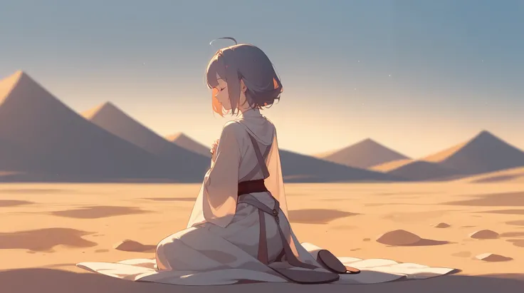 " A young woman with short blond hair kneeling in the middle of a desert at dusk,  with the sky painted orange and pink . She is praying with her eyes closed ,  while a light breeze moves her clothes .  The atmosphere is serene ,  with delicate anime featu...