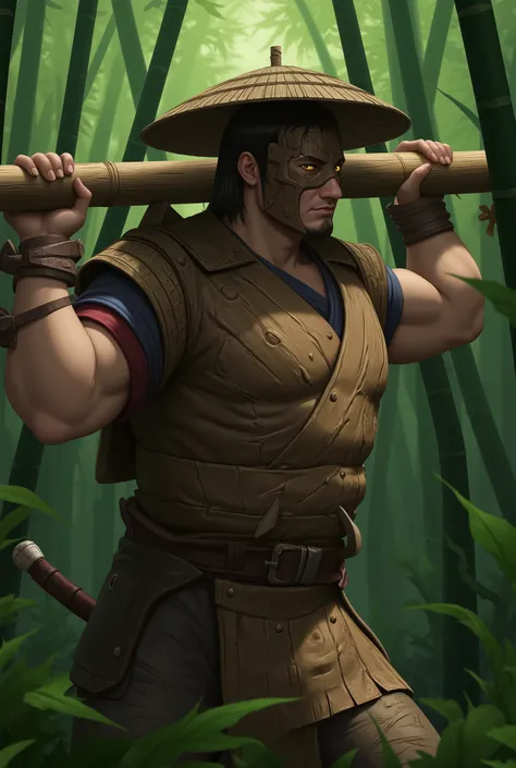 A rogue samurai, wielding a long log as a weapon, holding it on his shoulders, Obito's mask on face, a wooden bamboo hat on head, thick wood plate armor covering his body completely, in dense green bamboo forest, close up from side, intricate wood details....