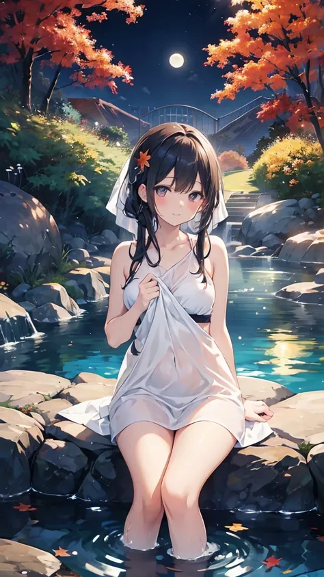   woman relaxing in a hot spring  ,２０generation,Looking up at the moon、autumn leaves、Satisfied expression,Put a towel over your hair, beautiful inspirational light ,Graceful water flow, quiet atmosphere,Quiet and calm background