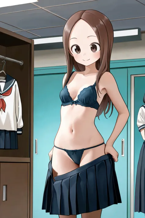 NSFW, Masterpiece, top quality, high resolution, very detailed,Takagi\(からかい上手のTakagi\), with long hair 、 Hair,Forehead、clavicle,School, dressing room, is changing clothes , bra, thong panties 