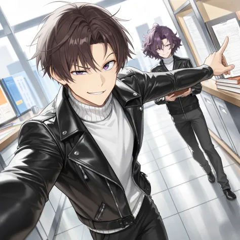 (ultra-detailed:1.3), (male, tall, age 17, OL), (works in office, arrogant smile, right eyebrow furrowed, left eyebrow raised), ( robust body :1.2), ( strong agile arms :1.1 ), dark brown hair, book cut, short messy hair, parted bangs, (Beautiful deep mage...