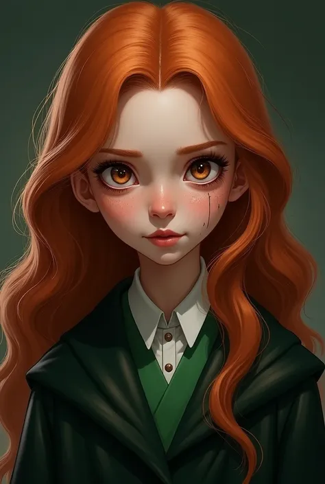 Digital illustration of an  girl, full-body close-up, small frame, long ginger hair, reptile-like brown-reddish eyes with distinctive sardonic expression. Detailed facial features showing a cold, slightly wicked gaze. Sharp sardas across her cheeks. Dramat...