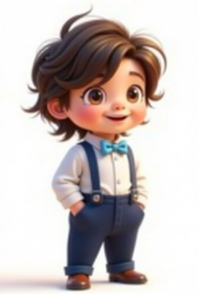   , little strong, Gradient low hair ,  brown eyes, with white dress shirt with light blue suspenders and light blue bow tie,  navy blue pants,  white background, happy, hands in pockets,  Pixar style 