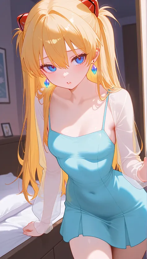 (masterpiece), (portrait), small breasts (aesthetics), ((1 female 21 years old)), Highlight earrings), ((long hair)), (( crystal blonde  hair)), ((Asuka Soryu Langley)) straight hair, thin eyes open, look of an insecure, needy girl, cold look, blue eyes, c...