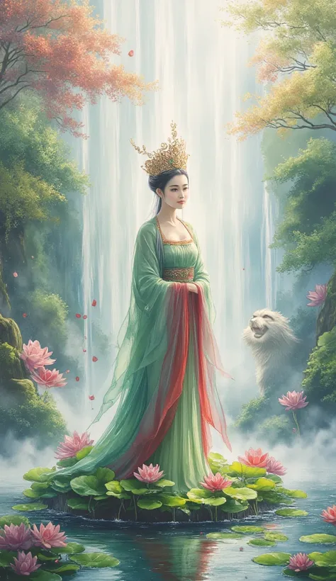 A Guan Yinand, green and red dress, stand on lotus accompanied by a lion from heaven, standing in a misty waterfall landscape, high fantasy, ultra-detailed, cinematic lighting, dramatic composition, 4K resolution