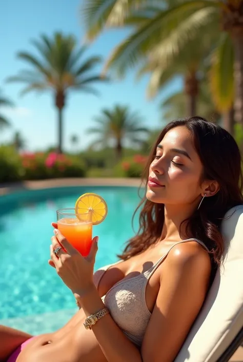 An ultra-realistic portrait of a beautiful Latina woman with brown hair and deep brown eyes, lying relaxed on a sunbathing chair by the pool. She is wearing a stylish swimsuit, soaking up the sun, and holding a refreshing drink in one hand, with a slice of...