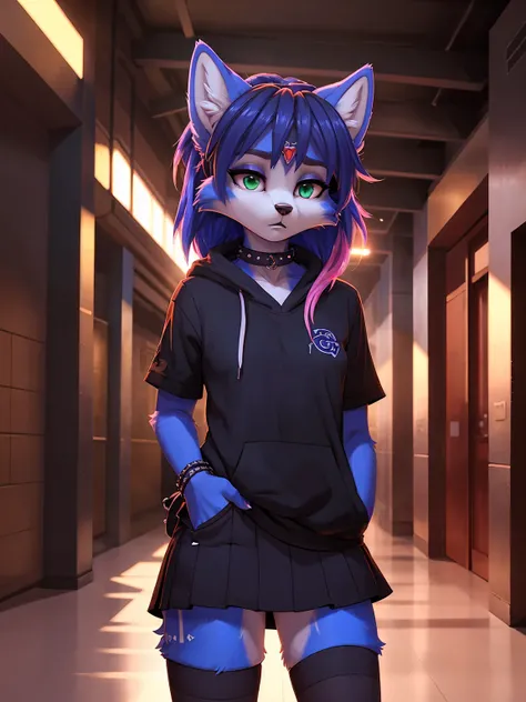 ((krystal)), Star Fox-Krystal, lovable,     green eyes, (((    long blue hair 1  .3))), Decollete, anthro, blurred,  detailed Fluffys fell,    detailed face  , (Fluffy),     1 girl, ,woman, Goth,     green eyes, Undercut,   ultra-realistic 8k CG    ,     m...