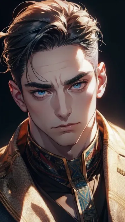 (      High quality. ,4K,8k,      highres,      masterpiece :1.2),      ultra-detailed    ,(realistic,photorealistic,photo-realistic:1.37),36-year-old man,10-day beard,Beautiful anime,Portraits,strong,Masculine,   with dark gray hair  ,sharp jaw,          ...