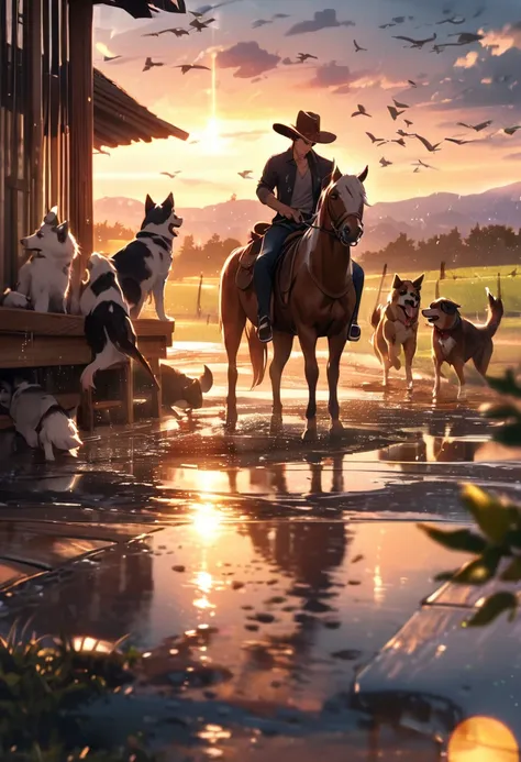 a man wears cowboy hats, sits on the horse back, looking at sunsets, birds flying, lens flare effect, reflection on puddle of rain water, wooden fence, dogs playing around