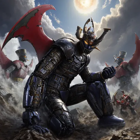 Mazinger Z  , teeth、 is in a battle pose at a height of 100 meters  　  is surrounded by multiple giant enemy robot beasts and falls down due to heavy damage, Black armor is destroyed and kneels  , This is a very realistic version of Mazinger Z, which has h...