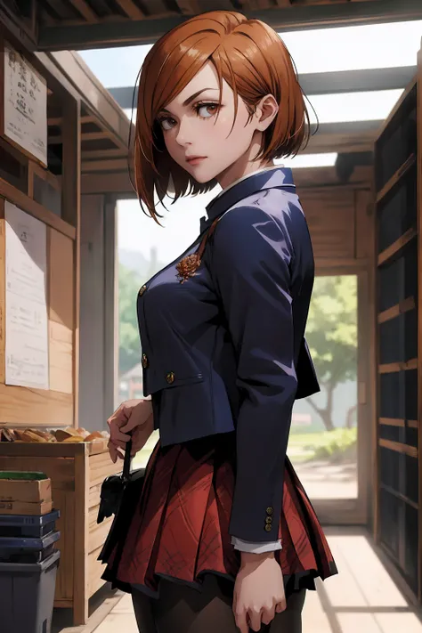 1girl, cowboy shot, beautiful Nobara, school_uniform, bangs, jacket,, volumetric lighting, best quality, masterpiece, intricate details, tonemapping, sharp focus, hyper detailed, trending on Art Station, 4k,full body, backwards, looking back