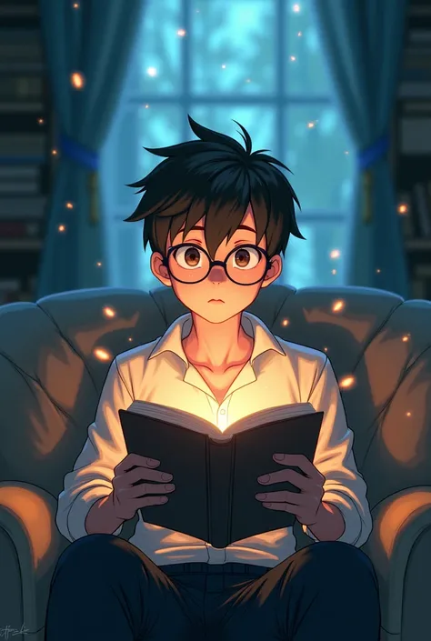 create an image of a  reading a book, which is taking him to look at other worlds, The image is anime style 