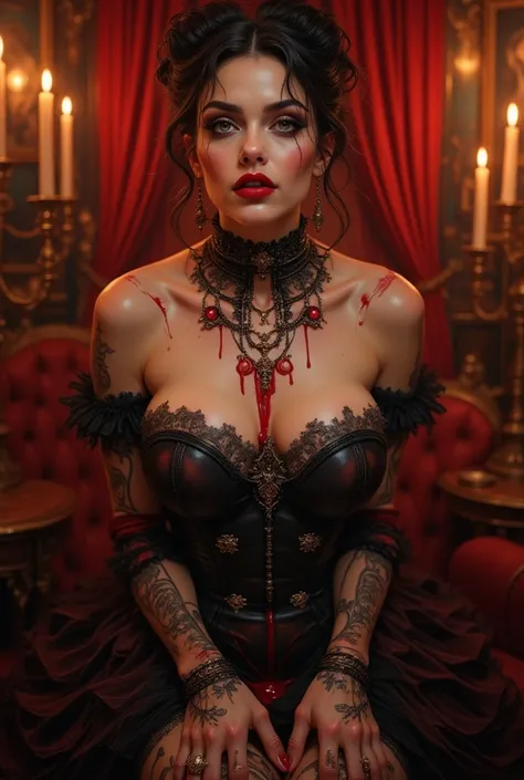 "Portrait of a dangerously seductive female vampire with ghostly pale skin and jet-black hair styled in an intricate Victorian updo, adorned with delicate lace and blood-red jewels. She wears a tight, black satin corset with intricate gothic embroidery, ac...