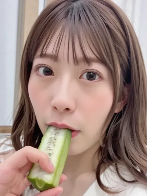   Japanese Women, (((I'm holding a pink cucumber:1.4))) ,  ((( a pink cucumber with prominent streaks ))) ,   a cucumber the size of her mouth  ,   20 cm long cucumber  , Thick cucumber   ,  (( from your pussy fingers:1.4)),  Drooling  ,   whitish transpar...