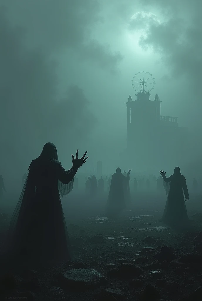 A dark fog spreads over a battlefield ,  as the outlines of fallen warriors appear in the shadows and reach out their dark hands to the living.