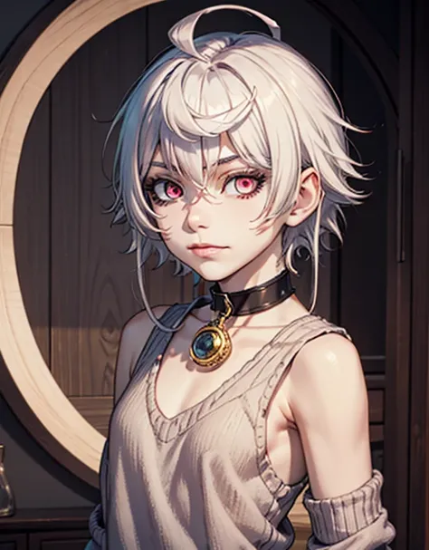 1boy albino white hair short hair long locks long bangs pink eyes dull eyes no smile white sweater open shoulders black tight tank top choker ring blood femboy