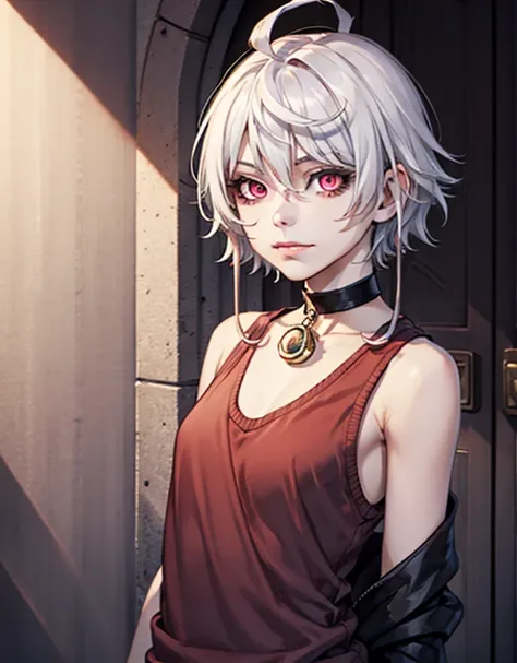 1boy albino white hair short hair long locks long bangs pink eyes dull eyes no smile white sweater open shoulders black tight tank top choker ring blood femboy