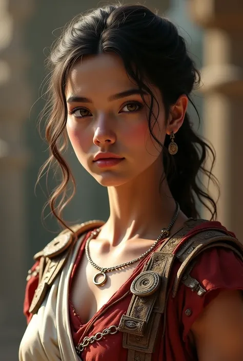 The realistic design , A young woman of less than twenty years of age with very light brown skin, Charming light hazel eyes, Light black to brown hair .  dressed as an ancient Greek warrior 