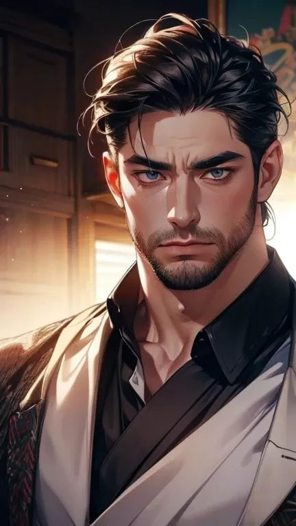 (     borrowed letter ,4K,8k,     highres,     masterpiece :1.2),     ultra-detailed    ,(realistic,photorealistic,photo-realistic:1.37),36-year-old man,3 day beard,Beautiful anime,Portraits,strong,Masculine,      with black hair  ,sharp jaw,         mesme...