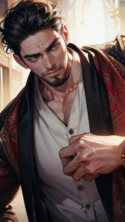 (     borrowed letter ,4K,8k,     highres,     masterpiece :1.2),     ultra-detailed    ,(realistic,photorealistic,photo-realistic:1.37),36-year-old man,3 day beard,Beautiful anime,Portraits,strong,Masculine,      with black hair  ,sharp jaw,         mesme...