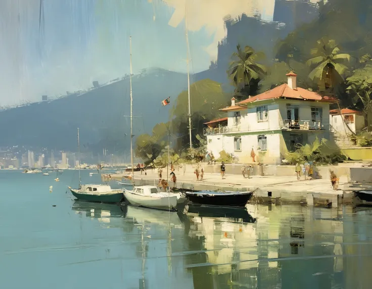 Konstantin Korovin style - oil painting of a beautiful yacht retreat in PARATI, RIO DE JANEIRO. Soft colors. Artwork by Abbott Handerson Thayer.jeremy mann style, jeremy mann art, jeremy mann painting, alessandro pautasso art, james gurney painting style, ...