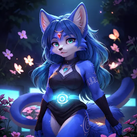 a picture of ((krystal)), Star Fox-Krystal, lovable,   green eyes, (((  long blue hair 1 .3))), Decollete, anthro, blurred,  detailed Fluffys fell,   detailed face , (Fluffy),   1 girl, Alone,     studio lighting )silhouett(kemono , Pelzig anthro) holds ey...