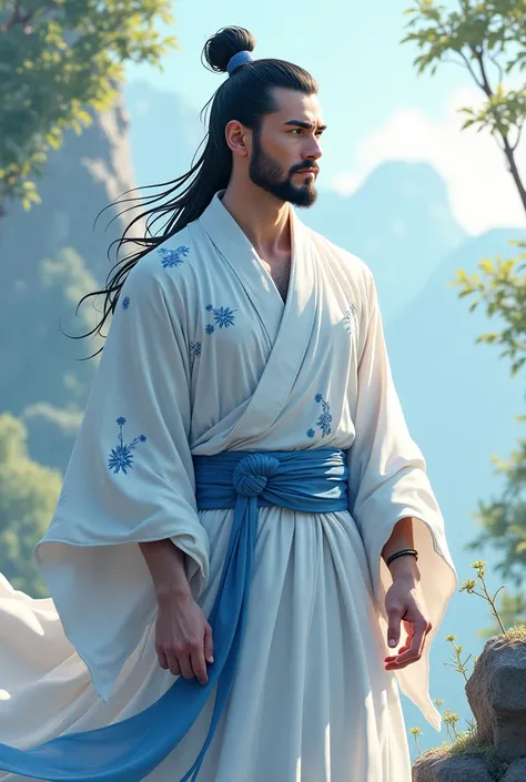 Crie um taoista,  with black hair,  blue eyes, wear a white robe with blue details, He's 40 years old and has a beard, He is very muscular 