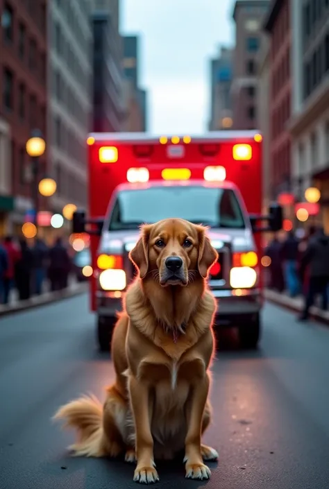 A brave golden retriever stands firmly in the middle of a city street, blocking an ambulance with flashing red and blue emergency lights. The siren wails as the dog refuses to move, looking determined. The ambulance driver and paramedics are shocked, tryin...