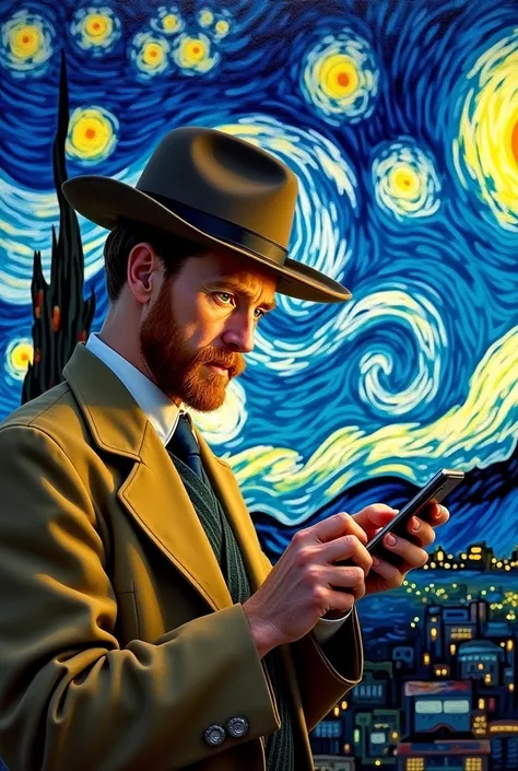 Create an image of the character Van Gogh “starry night” holding a cell phone