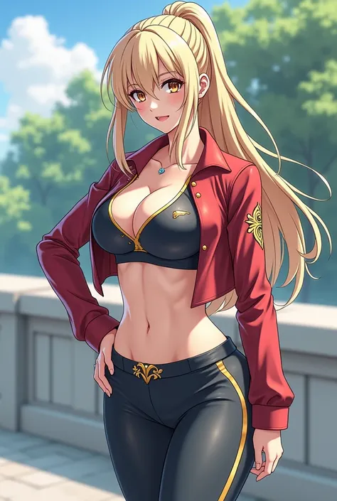 Physically fit adult woman with long blond hair and big breasts anime version